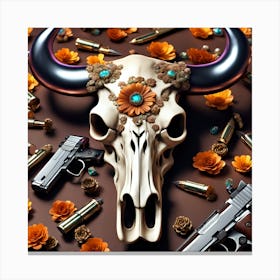 Cow Skull With Guns And Flowers Canvas Print