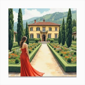 Elegant Italian Woman In Watercolor, At A Luxurious Tuscan Villa Garden Canvas Print