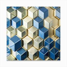 An abstract image of a geometric pattern formed by blue and gold cubes. Canvas Print