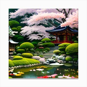 Ikebana floral Japanese botanical sanctuary with cherry blossom and a koi pond Canvas Print