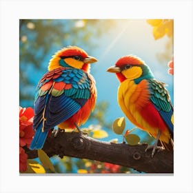 Colorful Birds Perched On A Branch Canvas Print