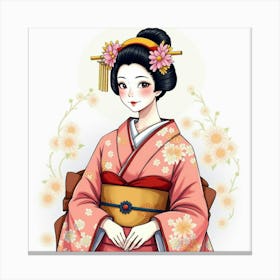 Elegant Geisha Wearing A Vibrant Kimono, Painted In Flowing Watercolor Style 1 Canvas Print