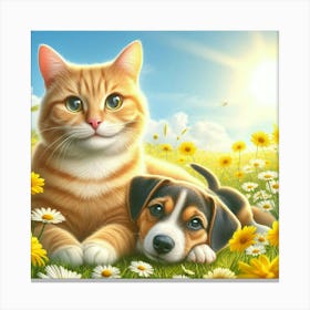 Cat And Dog In The Meadow Canvas Print