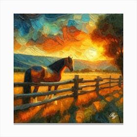 Western Horse At Sunset 5 Oil Texture Canvas Print