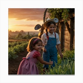 Two Little Girls In A Field Canvas Print