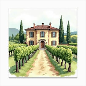 Classic Tuscan Villa With Watercolor Textures, Surrounded By Grapevines 1 Canvas Print