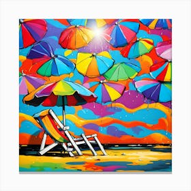 Chair Beneath A Canopy Of Colorful Umbrellas On The Beach 1 Canvas Print