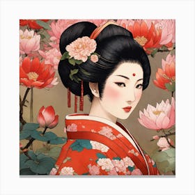 Japanese Botanical And Geisha Art Print Canvas Print