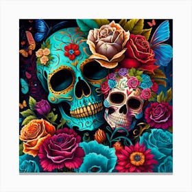 Sugar Skulls And Flowers Canvas Print