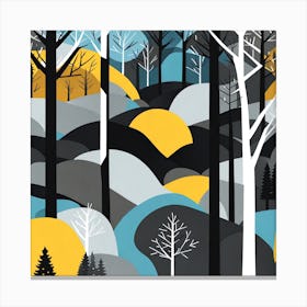 Woods, minimalistic vector art, Forest, sunset,   Forest bathed in the warm glow of the setting sun, forest sunset illustration, forest at sunset, sunset forest vector art, sunset, forest painting,dark forest, landscape painting, nature vector art, Forest Sunset art, trees, pines, spruces, and firs, black, blue and yellow Canvas Print