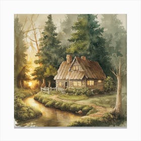 Enchanted Retreat A Serene Watercolor Of A Rustic Cabin In A Verdant Forest (4) Canvas Print