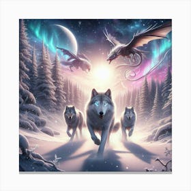 Snowy Wolf Pack Family 7 Canvas Print