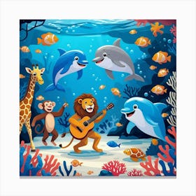 Lion And Dolphins In The Sea Canvas Print