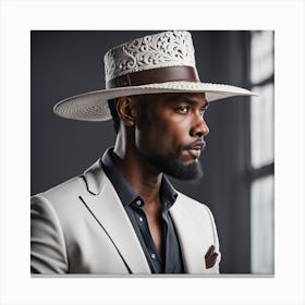 The Black Man with A Decorative Hat dressed in White Fashion - Photo Real Portrait Canvas Print