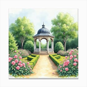 French Garden Scene In Watercolor With A Classic Gazebo And Blooming Flowers 1 Canvas Print