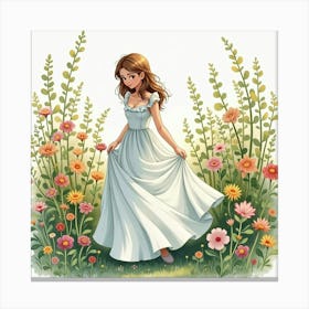 Lovely Dress Watercolor, Amidst A Lush, Blooming Garden Scene 1 Canvas Print