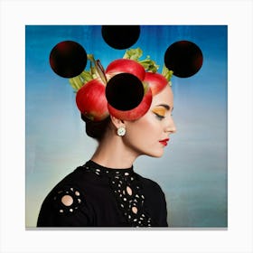 Surreal Portrait Woman In Side Profile With Rhubarb Balanced Atop Her Head Black Circles Covering Canvas Print