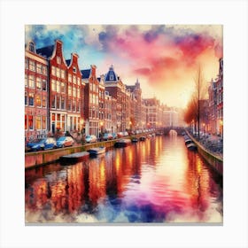 Amsterdam Canal Houses Reflected In A Dreamy Watercolor Sunset, Style Watercolor 3 Canvas Print