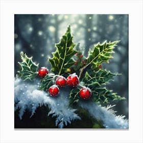 Frosted Ferns and Holly Berries Canvas Print