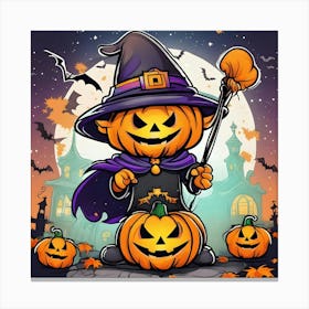 Halloween Witch And Pumpkins Canvas Print