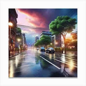 Beautiful city after rain, water over the roads, street lights fading away, street view, highly realistic and aesthetic view Canvas Print