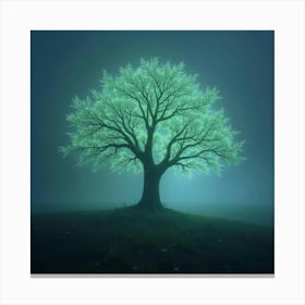 An Ethereal Tree With Bioluminescent Leaves Casting A Magical Glow Over A Misty Landscape Canvas Print