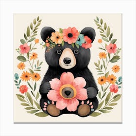 Floral Baby Black Bear Nursery Illustration (8) Canvas Print