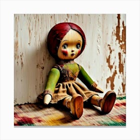 Antique Vintage Wooden Doll With Red Hair Canvas Print