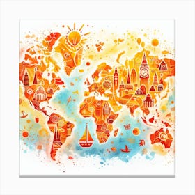 Inviting and Adventurous - Watercolor Painting of a World Map with Summer Style Canvas Print