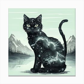 Surreal Black Cat With Glowing Patterns In Tranquil Landscape Canvas Print