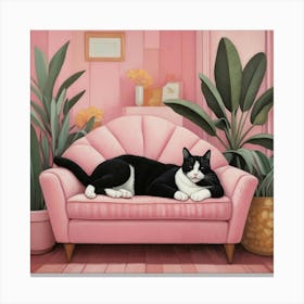 Default Cat Nap Tuxedo Cat Napping In Pink Interior Art 2 Canvas Print