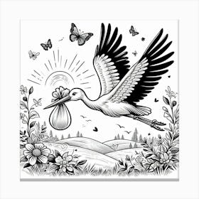 Line Art stork and baby 3 Canvas Print