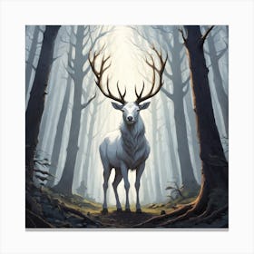 A White Stag In A Fog Forest In Minimalist Style Square Composition 61 Canvas Print