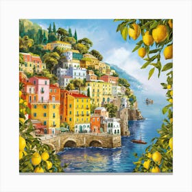 Amalfi View With Lemons Travel Painting Italy (5) 1 Canvas Print