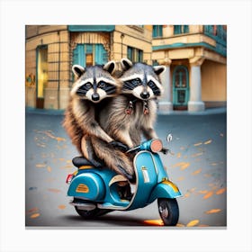 Raccoons On A Scooter Canvas Print