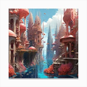 Vibrant digital art of a bustling underwater city, coral architecture Canvas Print