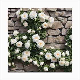 White Climbing Roses On Stone Wall Canvas Print