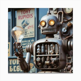 Robot Holding A Light Bulb Canvas Print