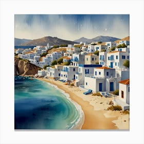 Village Of Mykonos.Summer on a Greek island. Sea. Sand beach. White houses. Blue roofs. The beauty of the place. Watercolor. Canvas Print