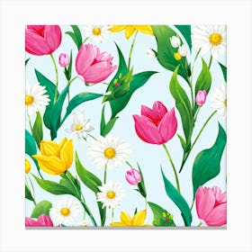 Cartoon Style Digital Painting Of An Isolated Spring Bouquet Featuring Blooming Tulips Roses And D (2) Canvas Print