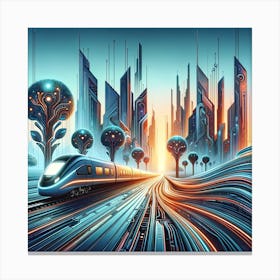 Train With Futuristic Skyline Canvas Print