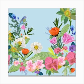 Lovely Flowers And Cute Bird Pattern Blue Background Canvas Print