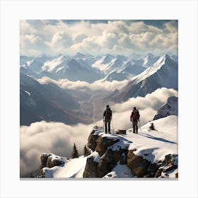 Two People Standing On Top Of A Mountain Canvas Print