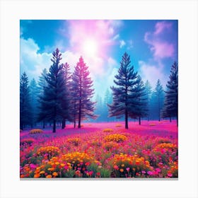 Pink Flowers In A Field Canvas Print