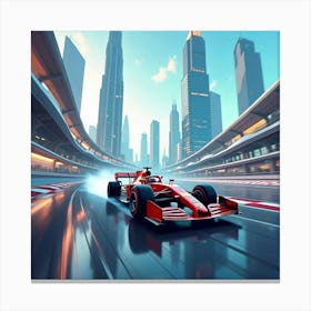 Formula Car Drifting On A Futuristic Track Surrounded By Towering Skyscrapers 1 Canvas Print