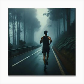 A runner jogs down a rural road on a foggy day, the only sound being the crunch of his shoes on the pavement and the occasional bird call. Canvas Print