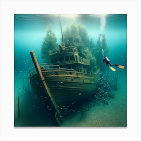 Into The Water Snorkeling In Amsterdam S Crystal Clear Lake, Unveiling A Sunken Shipwreck Style Hyperrealistic Underwater Art (3) Canvas Print