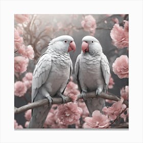 Couple Of Parrots On a Branch With Pink Flowers Canvas Print