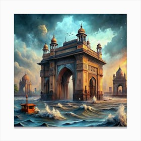 An Ancient Gateway Submerged In The Sea With Waves Crashing Around It Canvas Print