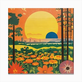 Sunset Over Flowers Canvas Print